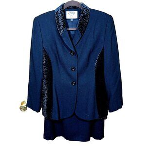 VTG Kasper ASL 10P Skirt Suit Black Velvet Leopard Trim Careerwear Power Chic